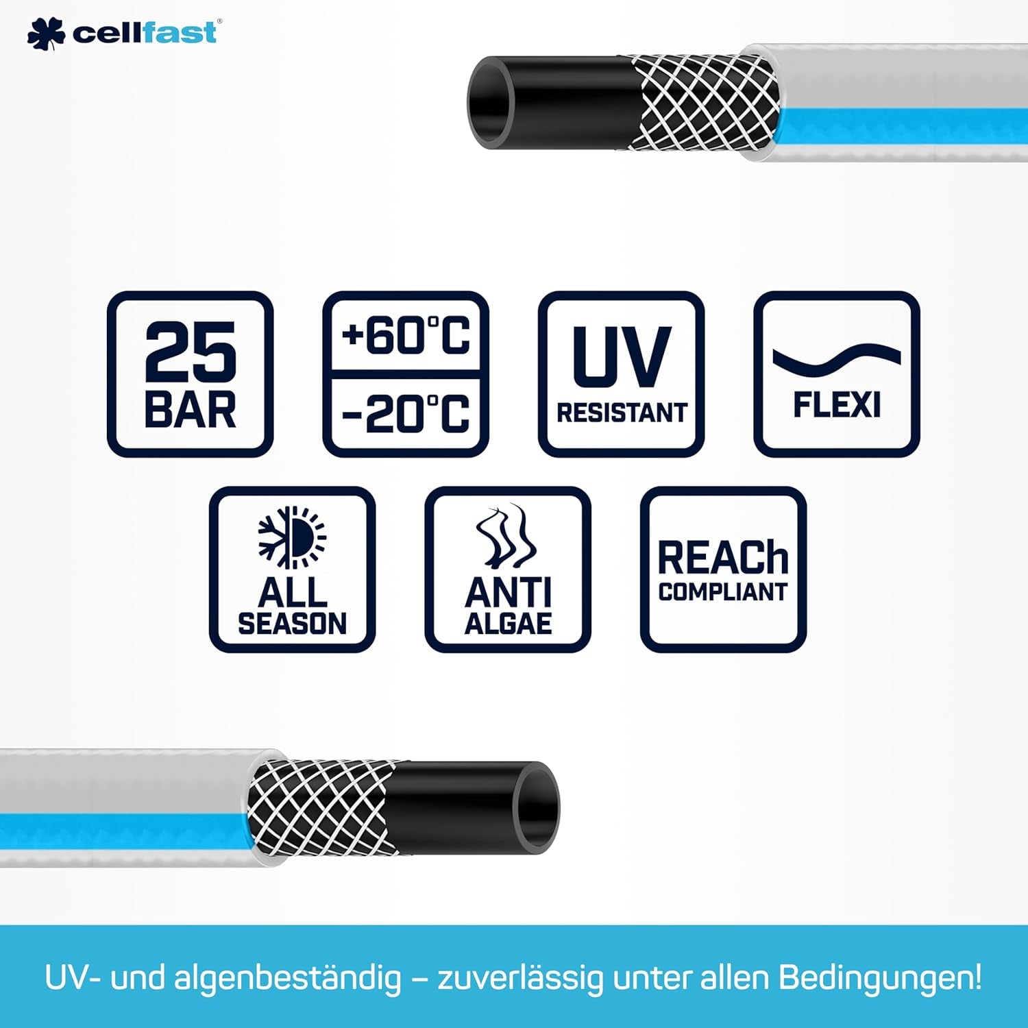 Furtun de grădină CELLFAST, furtun de apă cu 3 straturi pentru grădină, armare durabilă cu fire, furtun flexibil pentru irigații, rezistent la UV, anti-alge, 3,4 inch, lungime 20 metri