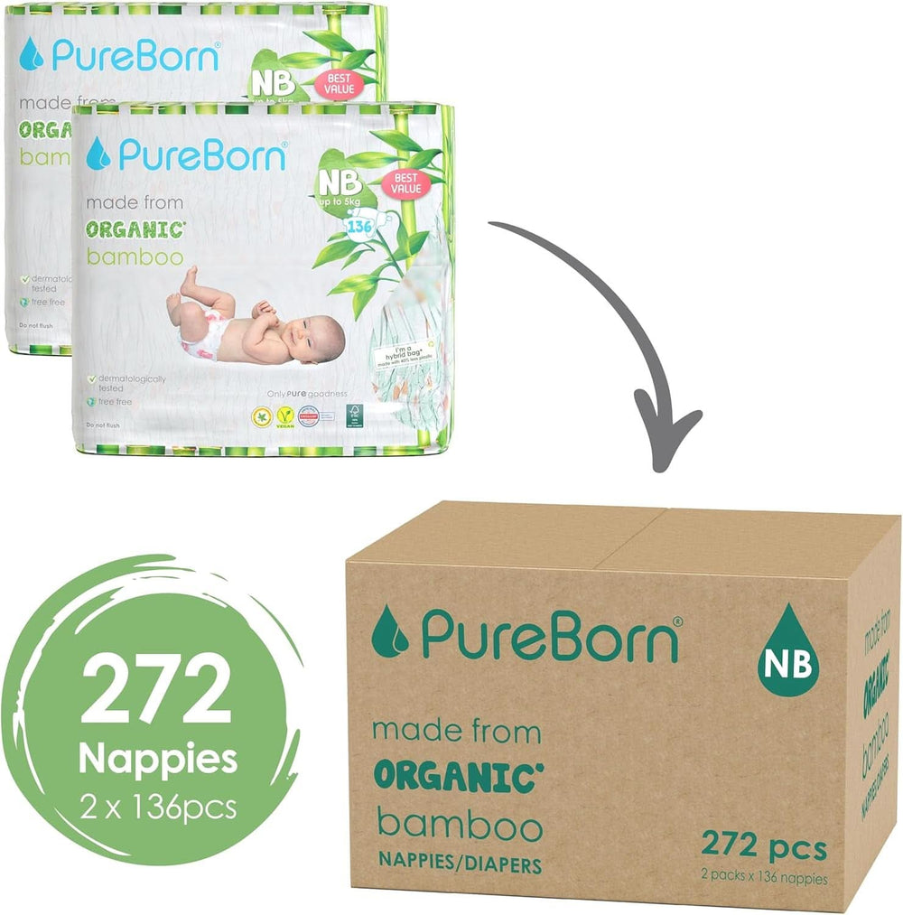 Couches en bambou bio Pureborn Eco, taille nouveau-né (jusqu'à 5 kg), écologiques, hypoallergéniques, ultra douces, avec indicateur d'humidité, imprimés variés Mère et Bébé Naty Shop