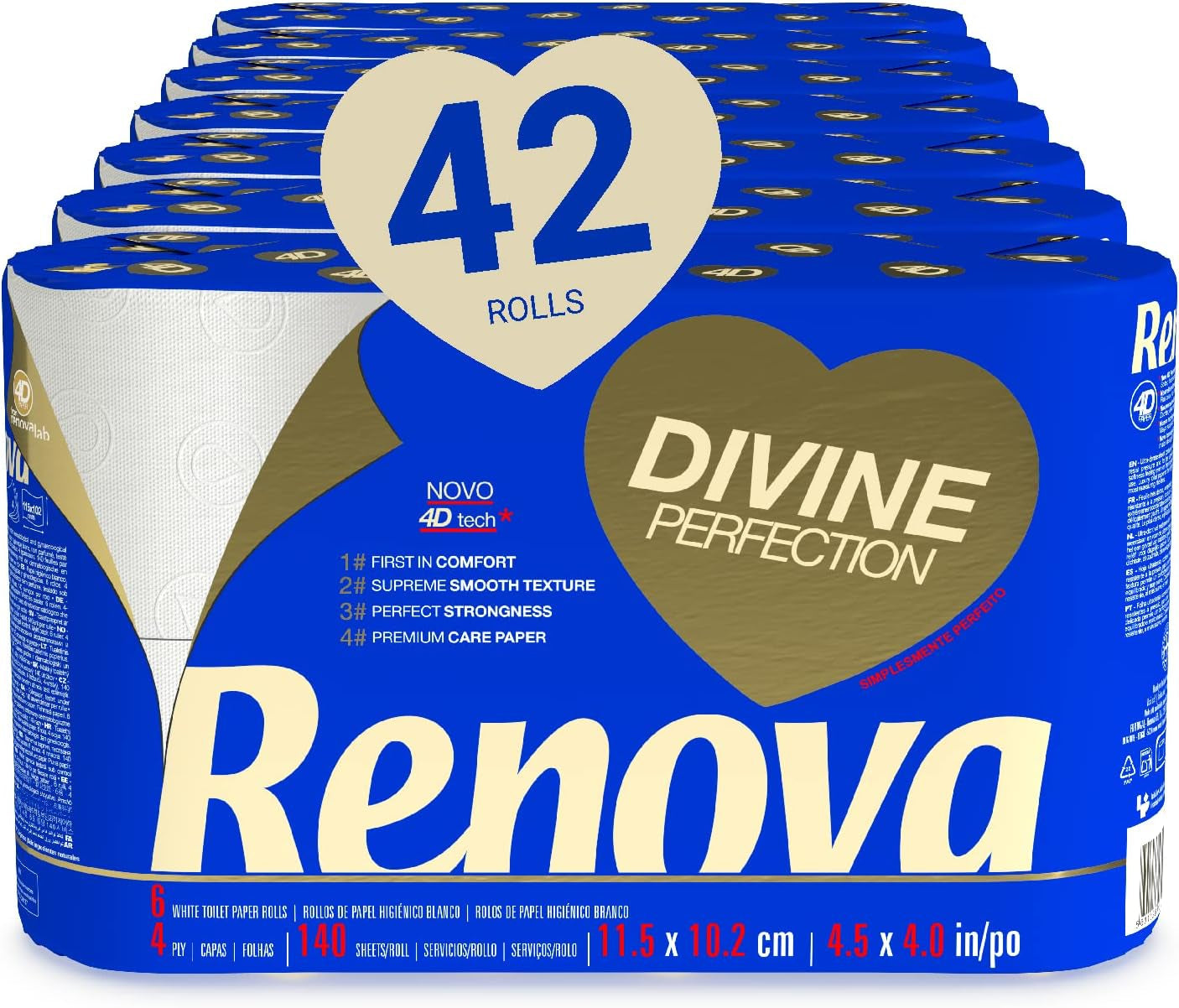 Renova Renova Divine Perfection Papier toilette, 42 rouleaux, papier toilette de qualité supérieure, 4 épaisseurs, ultra doux, extra résistant, épais, doux et absorbant, papier certifié FSC, 4400 g