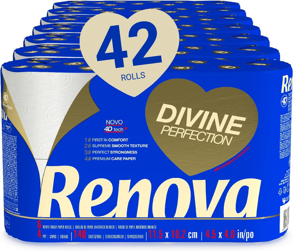 Renova Renova Divine Perfection Papier toilette, 42 rouleaux, papier toilette de qualité supérieure, 4 épaisseurs, ultra doux, extra résistant, épais, doux et absorbant, papier certifié FSC, 4400 g
