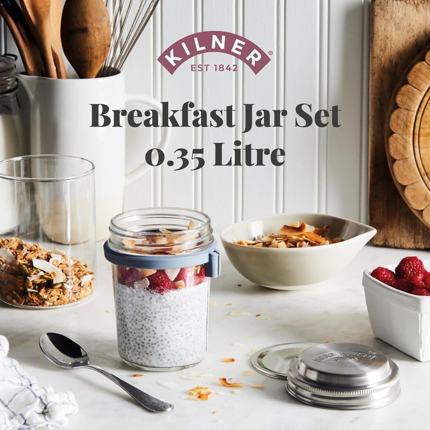 Pot de petit-déjeuner Kilner avec cuillère / 350 ml, Ø 9,5 cm / 5 pièces | tasse de muesli à emporter / non toxique / récipient en verre avec couvercle pour muesli, porridge et yaourt / contenant d'avoine pour la nuit Naty Shop Boîtes de conservation des aliments