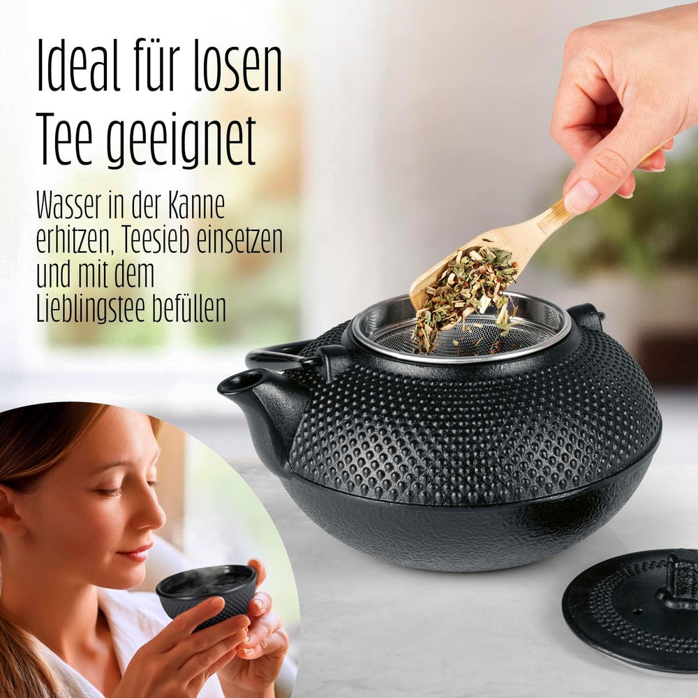 Service à thé Lumaland 8 pièces | Théière en fonte Tetsubin de 1,4 litre | Chauffage en fonte | 2 tasses à thé et 2 soucoupes | Service à thé japonais comprenant une cuillère doseuse en bambou et un infuseur en acier inoxydable