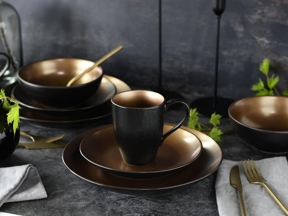 CreaTable, 23598, Série GLAMOUR - Or, Service de table 16 pièces, Service combiné en porcelaine, Passe au lave-vaisselle et au micro-ondes, Fabrication de qualité