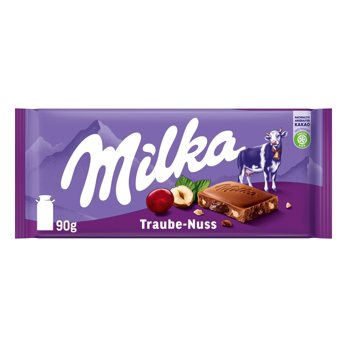 Milka Raisins et Noisettes – Chocolat au lait alpin avec morceaux de noisettes et raisins secs – 90g