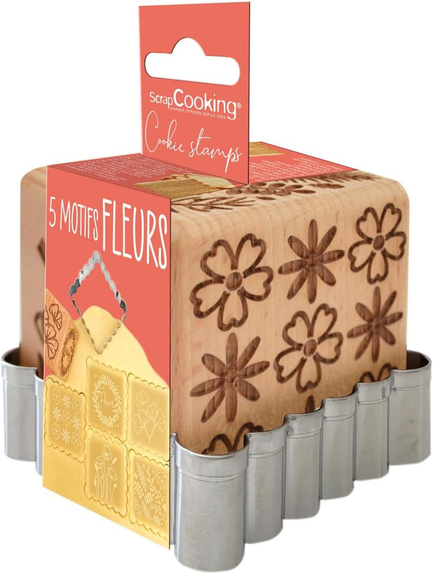 ScrapCooking Tampon de pâtisserie en bois à motif floral comprenant 1 emporte-pièce et un motif floral en relief sur 5 faces -5122