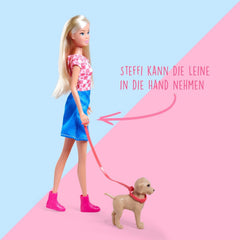 Simba Steffi Love Dog Fun – Modepuppe mit Hund & Leine, 29 cm, Hundespaziergang im Rollenspiel für Kinder ab 3 Jahren