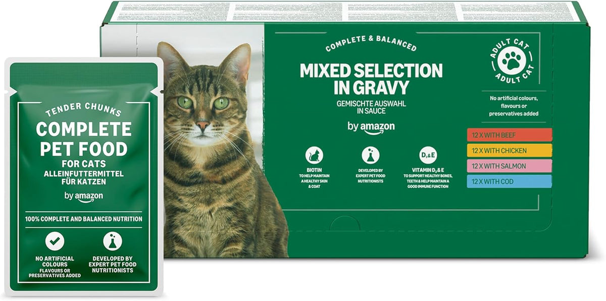 Amazon's Wet Adult Cat Food Sélection mixte en sauce 4,8 kg (48 paquets x 100 g)
