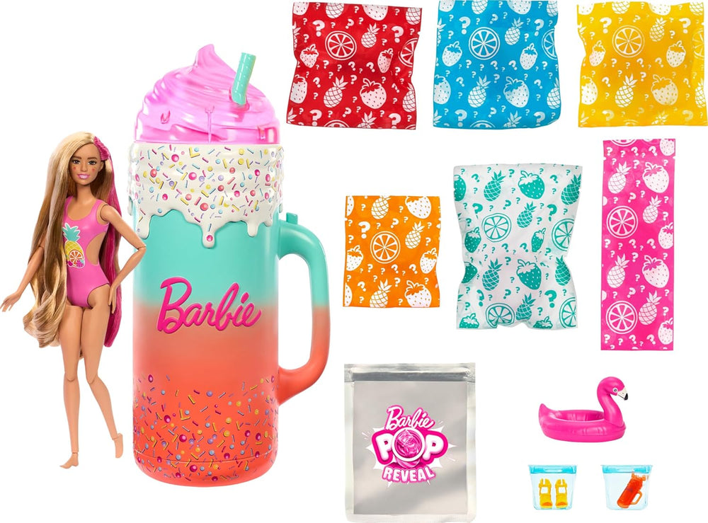 BARBIE Pop Reveal Rise & Surprise Coffret Cadeau - Plus de 15 surprises dont 1 poupée Barbie, des accessoires de plage pour un plaisir ludique et fruité pour les enfants de 3 ans et plus, HRK57