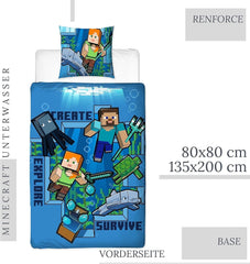 Minecraft Literie Kinderbettwäsche Jugendbettwäsche 135X200 · Unterwasserwelt · Wende Motiv · Kissenbezug 80X80 + Bettbezug 135X200 Cm · 100% Baumwolle · Deutsche Größe Naty Shop