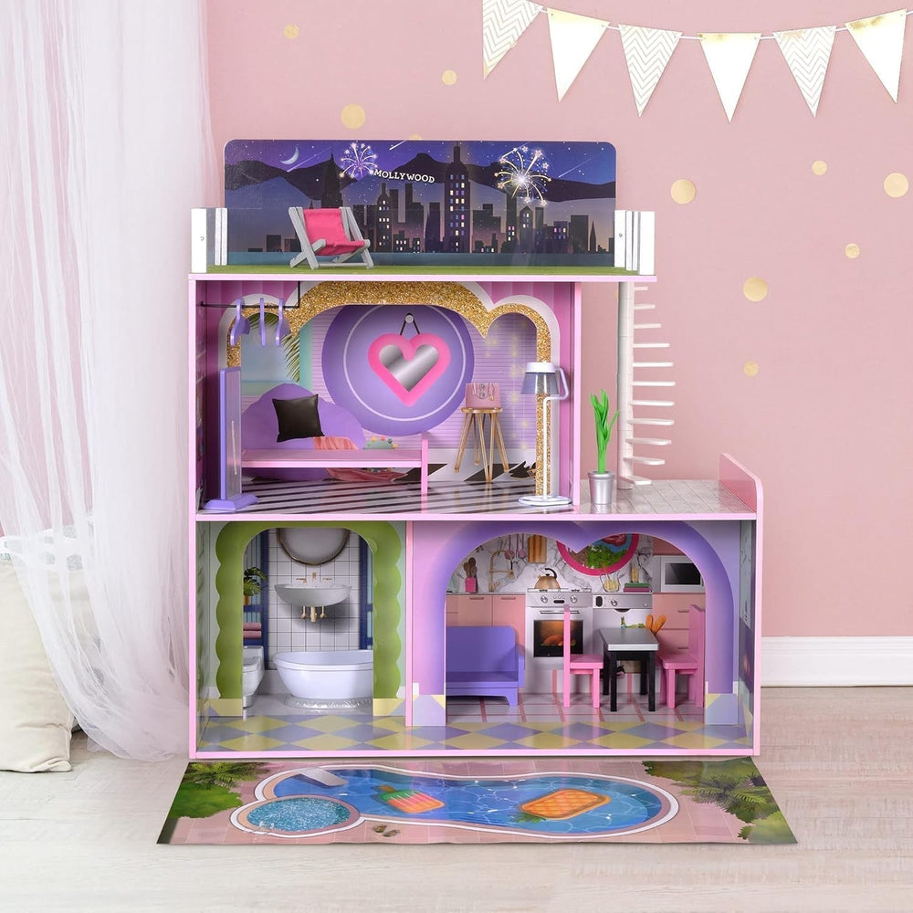 Olivia's Little World Big Dreamland Sunset Contemporary Casa de păpuși interactivă din lemn pentru copii 3 etaje cu 16 accesorii de mobilier pentru păpuși Multi TD-13616A Casute de papusi Naty Shop