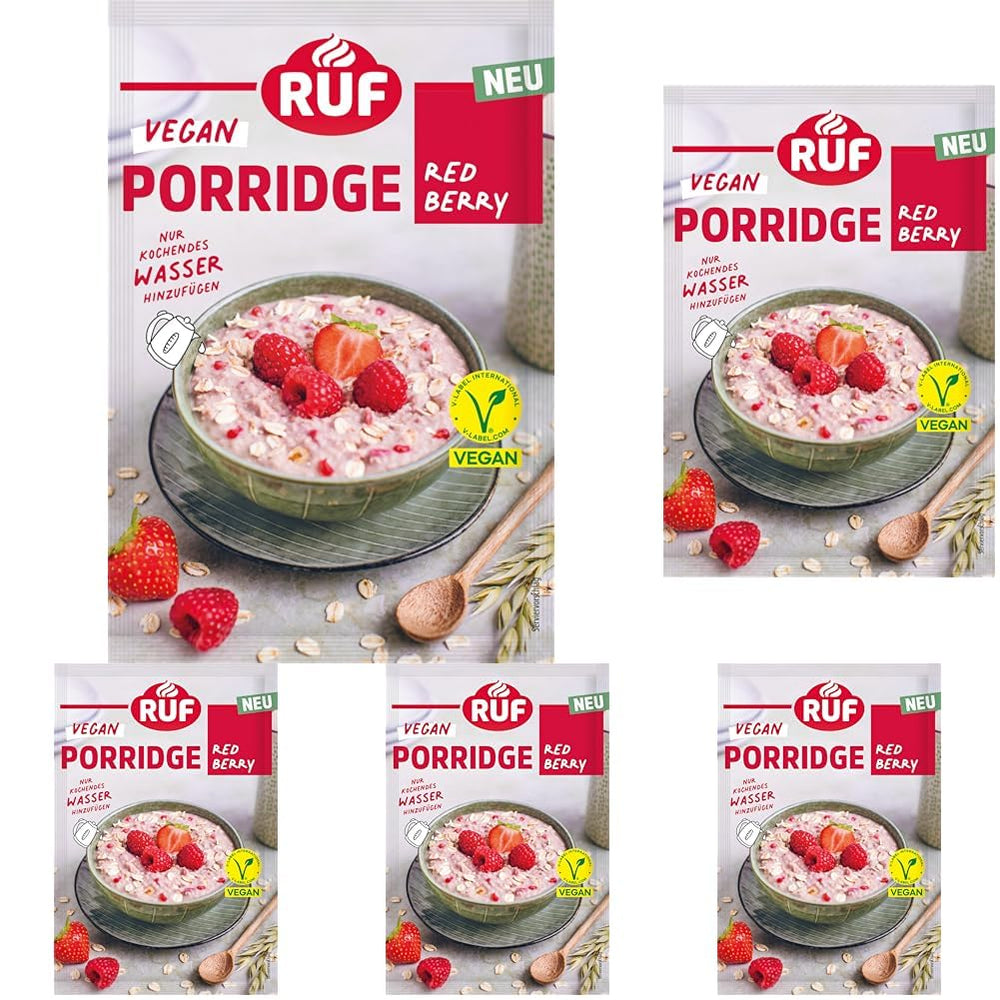 RUF Vegan Porridge aux Noix et Avoine, flocons d'avoine aux amandes, noisettes et graines de lin, facile à préparer, dans un emballage pratique en portions, 1 x 60 g