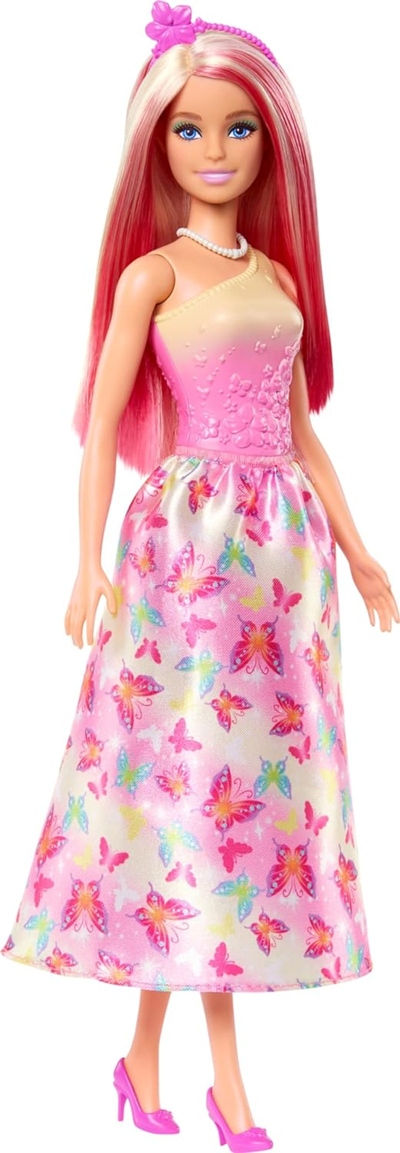 Păpușă Barbie Royal cu păr fantezist blond și roz, accesorii colorate, top roz cu gradient și fustă cu model fluture, HRR08 Papusi Naty Shop Titlu implicit