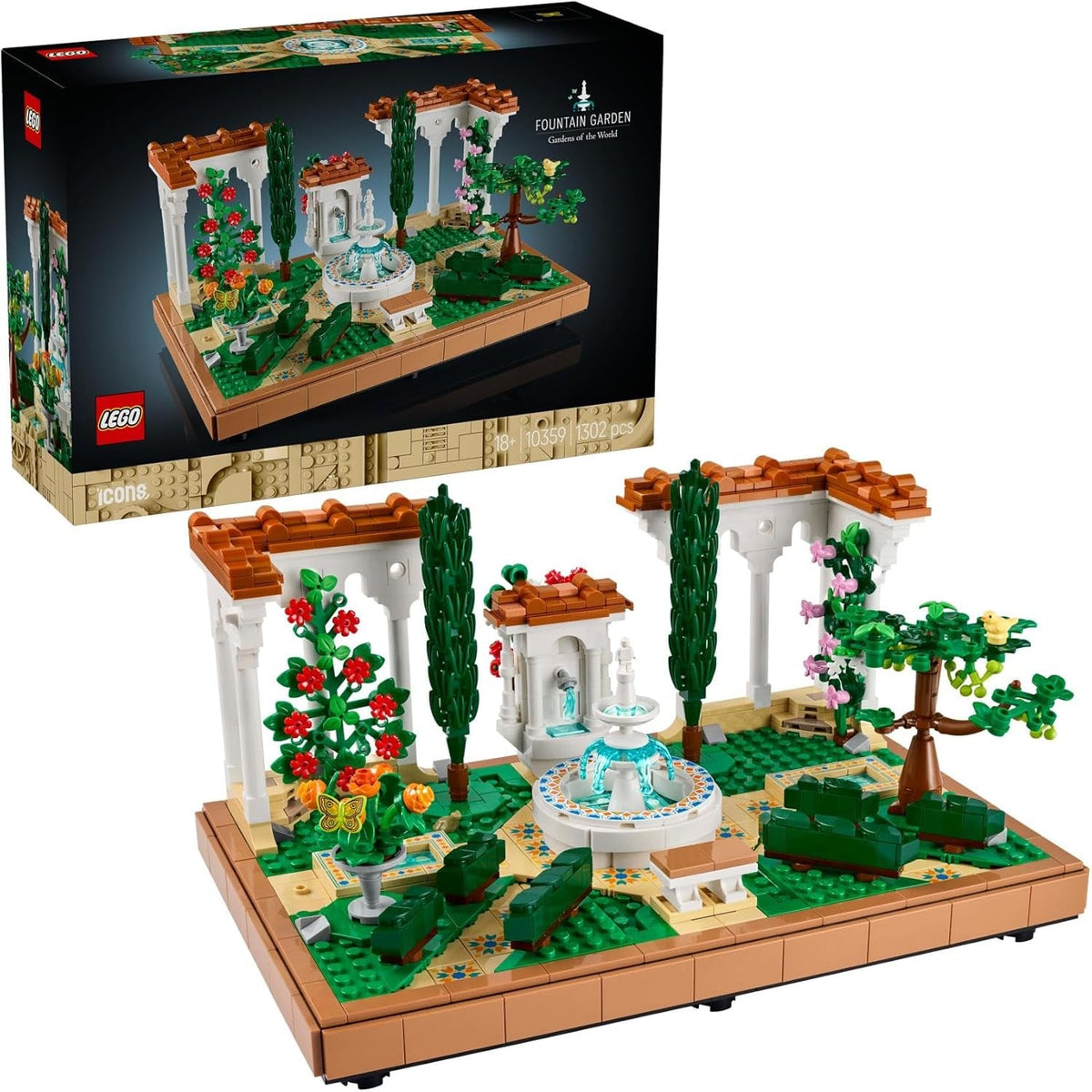 LEGO Icons Springbrunnengarten - Miniatur Bauset für Erwachsene mit Laubengängen, Zypressen, Bäumen, Weinreben, Blumen - Kreative Geschenkidee zum Geburtstag, Einweihung für Frauen, Männer - 10359