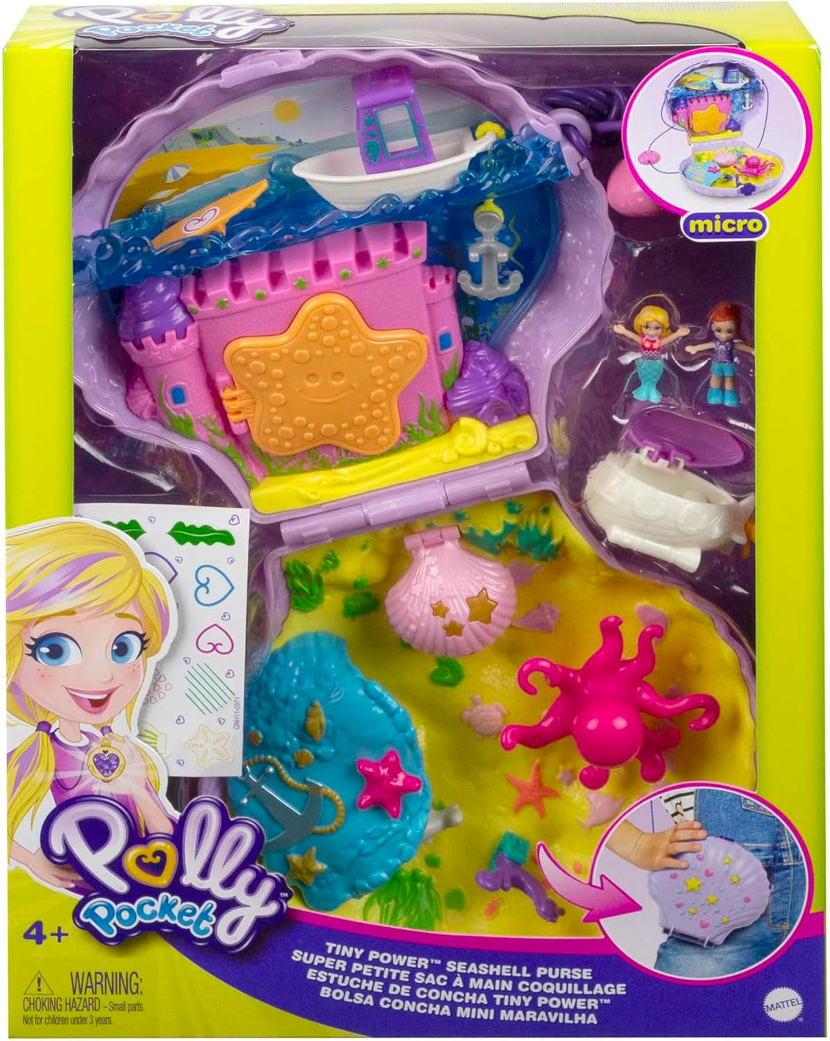 Polly Pocket Boîte de rangement Sac coquillage avec 2 poupées et 1 sous-marin Polly Pocket Sirène Jouet 4 ans et plus GNH11