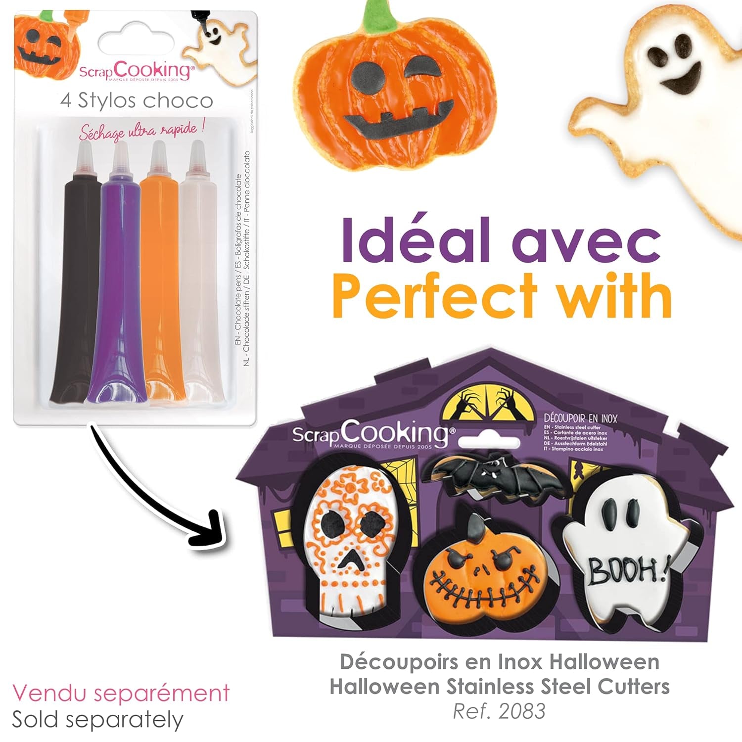 Scrapcooking - Set de 4 creioane colorate de ciocolată pentru Halloween - Negru, portocaliu, violet și alb - Colorant comestibil - Colorant alimentar pentru scris - Scrie și desenează pe deserturi, prăjituri și fursecuri - 7064