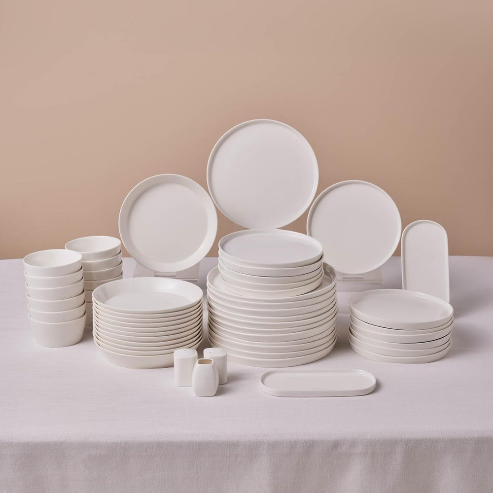 Karaca Stream Bone Bomo Service de table pour 12 personnes Assiettes carrées élégantes Vaisselle élégante en porcelaine blanche
