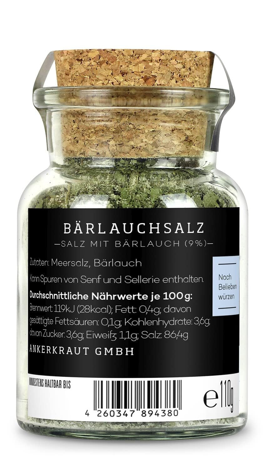 Ankerkraut Bärlauch Salz, Lecker Fleisch und Salat Verfeinern, Knoblauch-like Gesmack Aroma, Kräuter mit Gewürz zum Kochen, 110 g dans Corkenglas