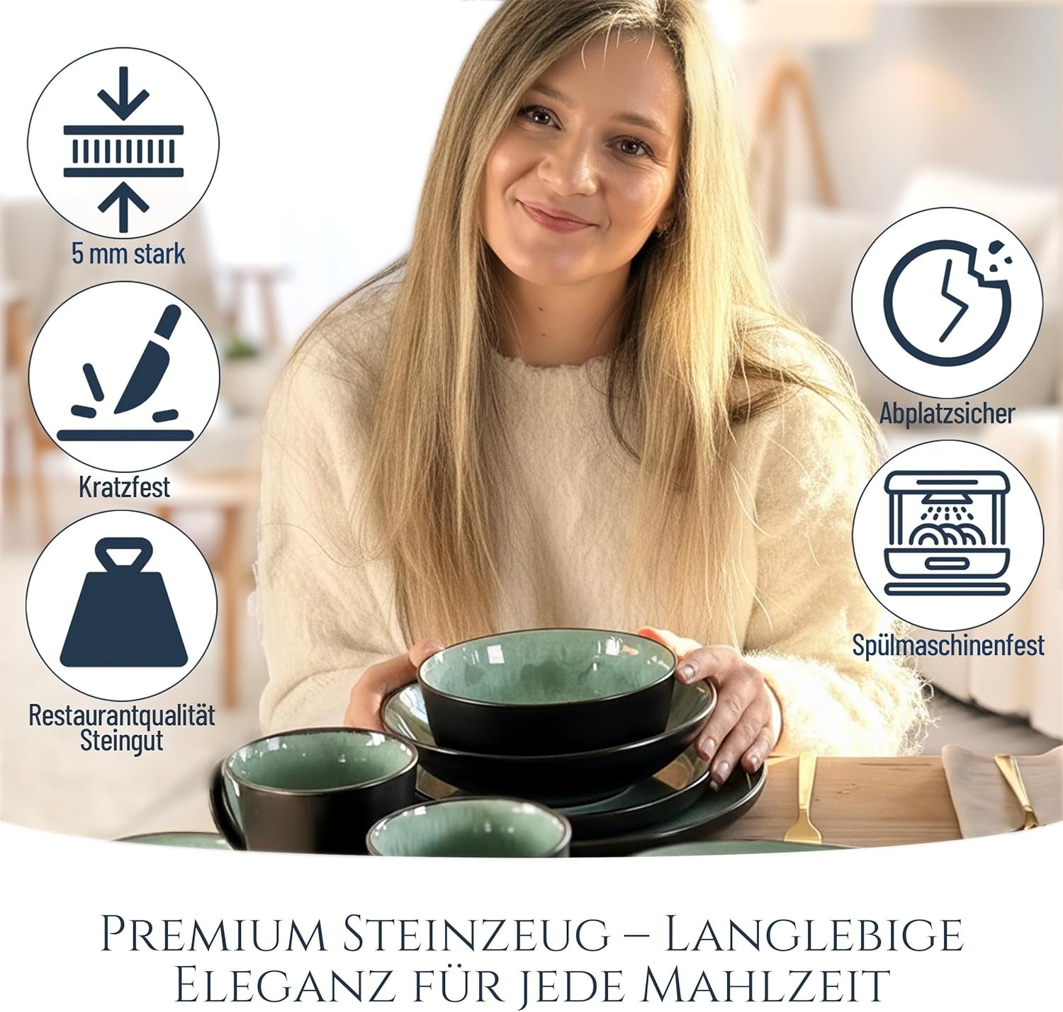 Service de table 24 pièces en grès cérame pour 6 personnes, design Ibiza, GAGNANT DU TEST. Un magnifique ensemble de vaisselle méditerranéenne comprenant des bols et des assiettes. Service de table Pure Living, vert sauge.