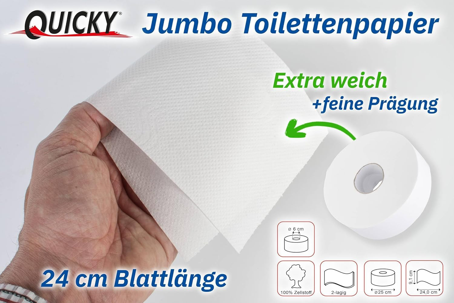 Papier toilette Quicky Jumbo 2 épaisseurs, 25 cm Ø, blanc brillant, gaufré à pois fins, 6 rouleaux - absorbant et indéchirable pour une hygiène maximale, idéal pour les institutions publiques et l'industrie