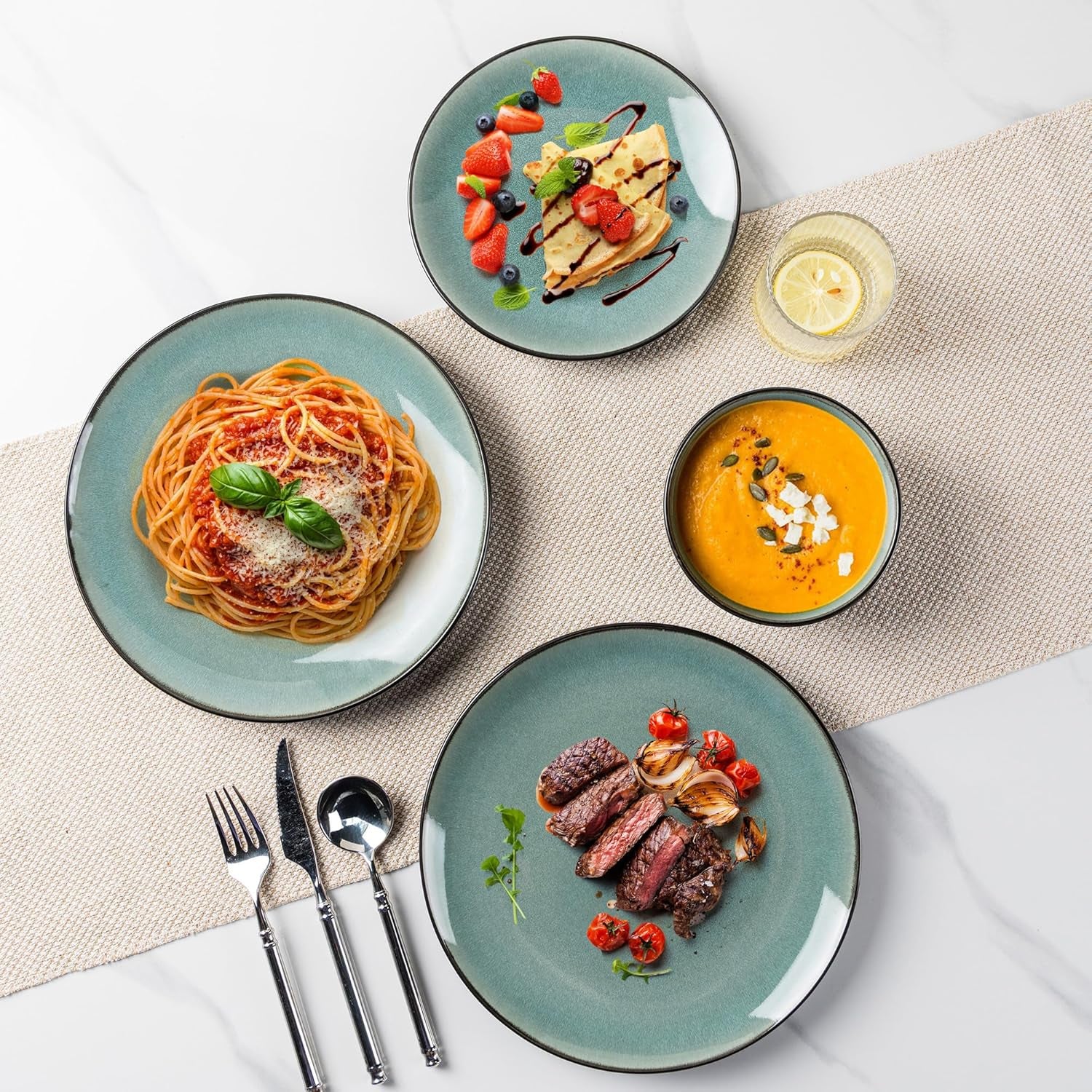 GBhome Service de table en porcelaine pour 4 personnes, 12 pièces, vernis réactif, fait à la main, passe au micro-ondes et au lave-vaisselle, ensemble de bols et d'assiettes, couleur essence GDW025WB-EU