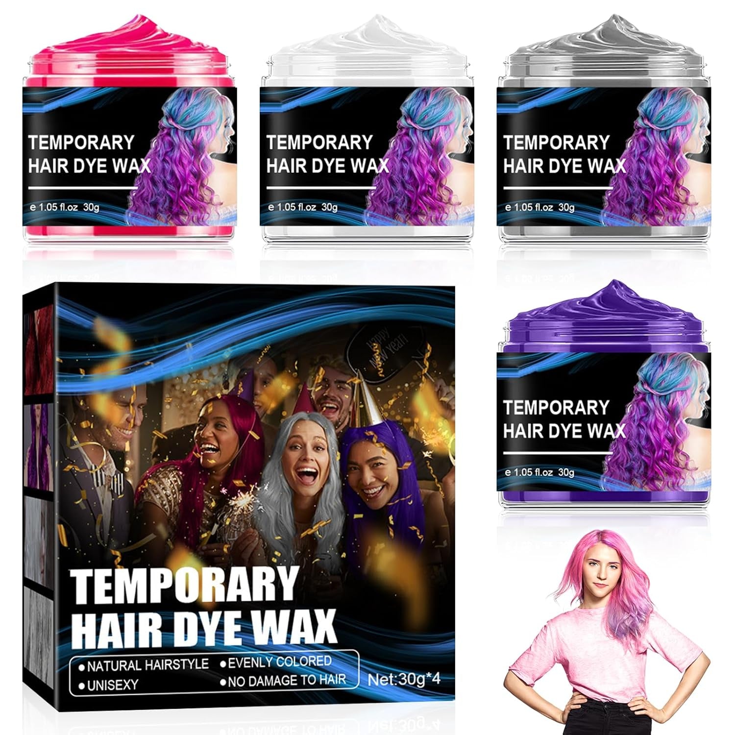 Teinture capillaire temporaire Halloween 4 couleurs couleur de cheveux cire coiffante ton de cheveux pour hommes femmes pour Halloween Cosplay fête teinture pour cheveux Naty Shop Titre par défaut