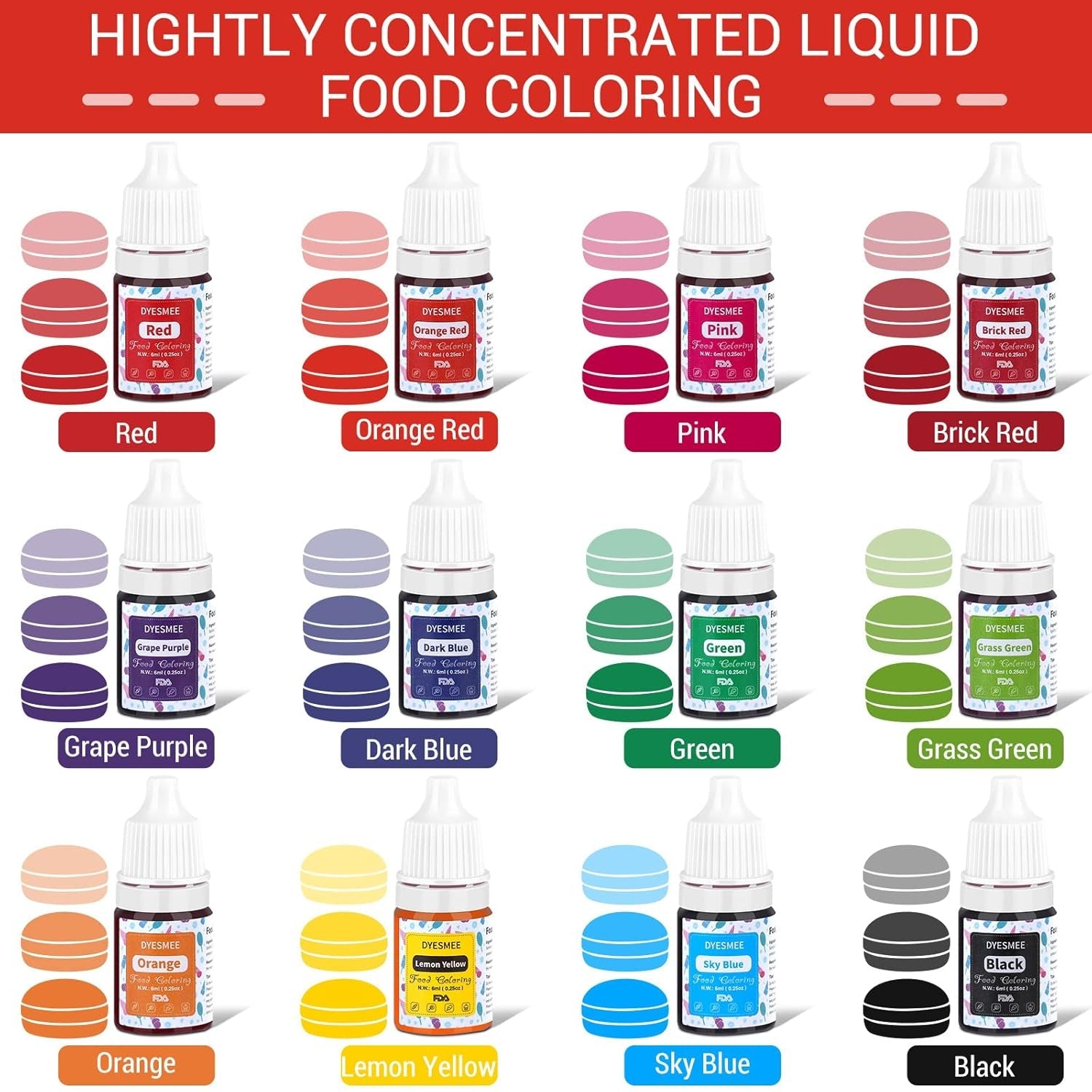 Colorant alimentaire liquide – 12 couleurs colorant alimentaire hautement concentré pour la pâtisserie, les boissons, les macarons, le fondant, la décoration de gâteaux, ensemble de colorants alimentaires pour savons, slime, travaux manuels (6 ml chacun)