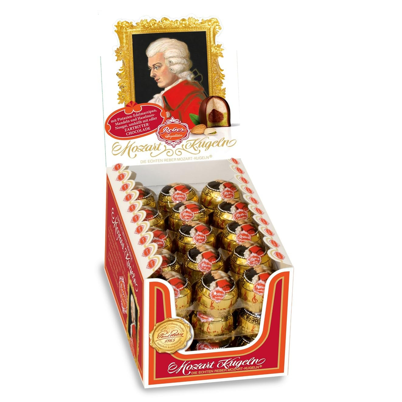 Boules Reber Mozart, coffret de présentation 4x45, boules de chocolat noir fourrées à la pistache, pâte d'amande, nougat aux amandes et noisettes, 3,6 kg (180 pièces)