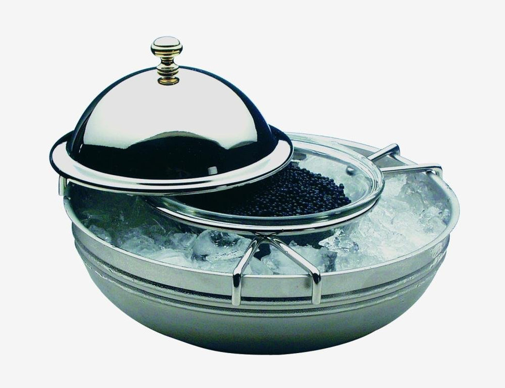 APS Caviar Cooler, set de 4 pièces, Caviar Cooler, Caviar, Récipient à caviar, Refroidisseur buffet Ø 18 cm, Hauteur: 12 cm, Acier inoxydable poli 18/8, Bol en verre Ø 10 cm