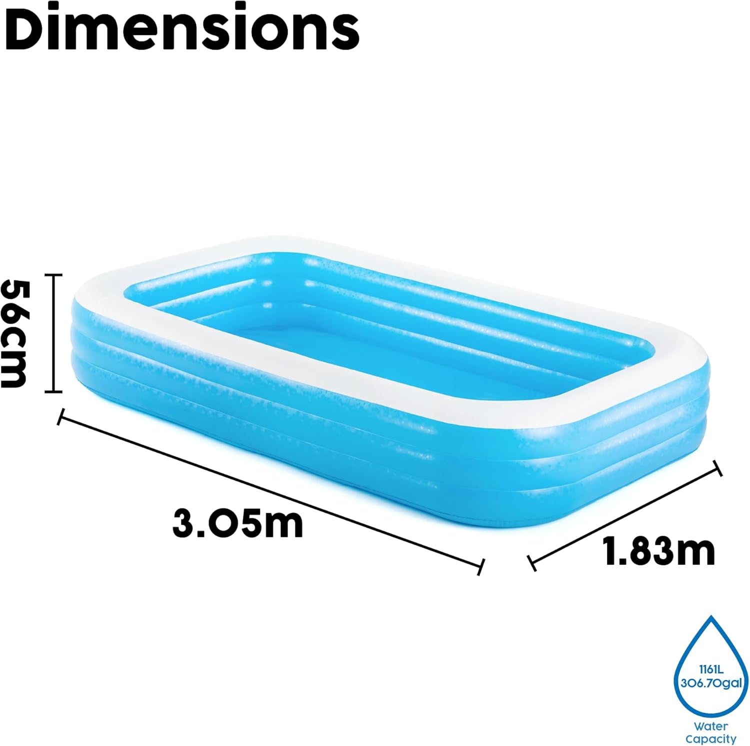 Bestway Family Pool Deluxe Piscine rectangulaire pour enfants facile à installer Bleu 305 x 183 x 56 cm Matelas gonflables et accessoires gonflables 305 x 183 x 56 cm Couleur