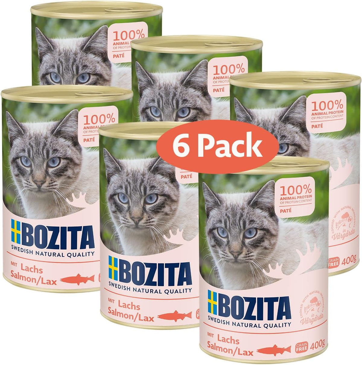 Pâté de saumon sans céréales Bozita – 6 x 400 g de nourriture humide pour chats et chatons. Aliment complet avec 9,5 % de protéines et 5 % de matières grasses, à base d'ingrédients naturels de haute qualité, sans céréales - provenant de Suède