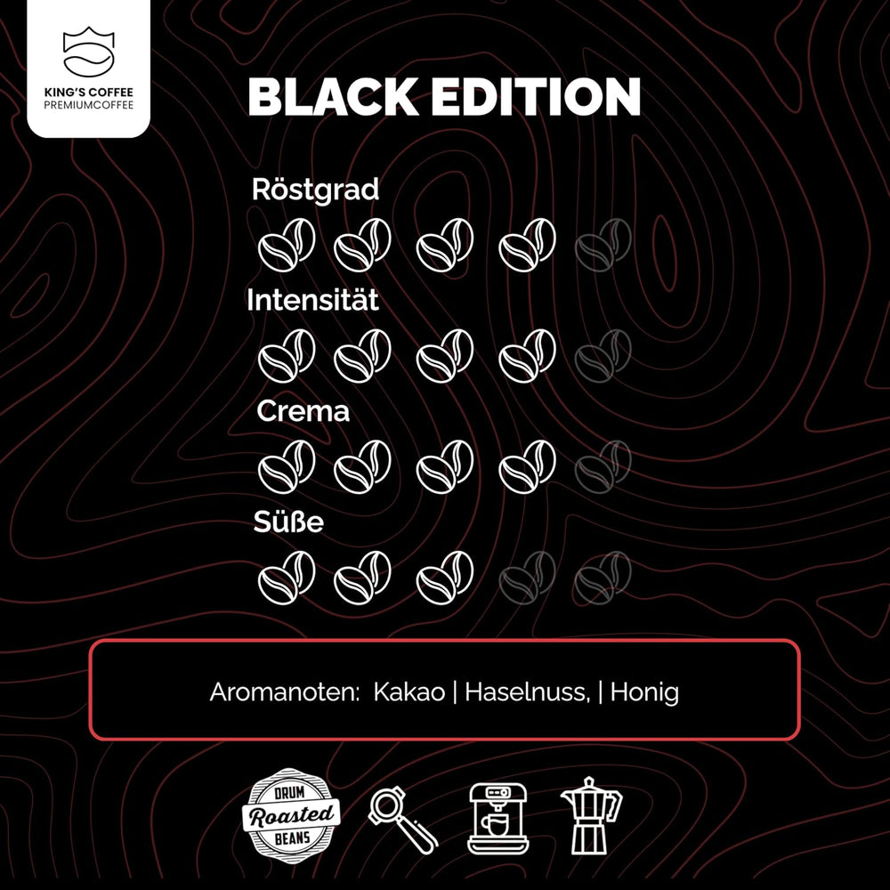 KING'S COFFEE - BLACK EDITION - 1 kg de grains de café crème intense - Café à faible acidité - Torréfaction en petits lots d'Italie - Grains d'espresso Arabica forts (mélange) pour machines entièrement automatiques et porte-filtres