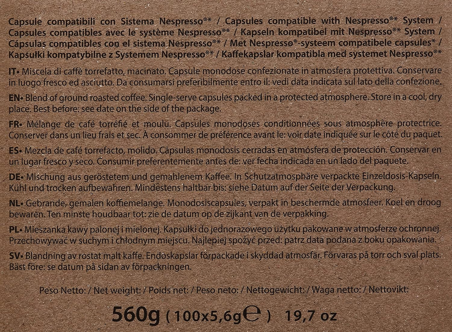 Capsules de café Decaffeinato compatibles Nespresso 5,6g x 100 capsules