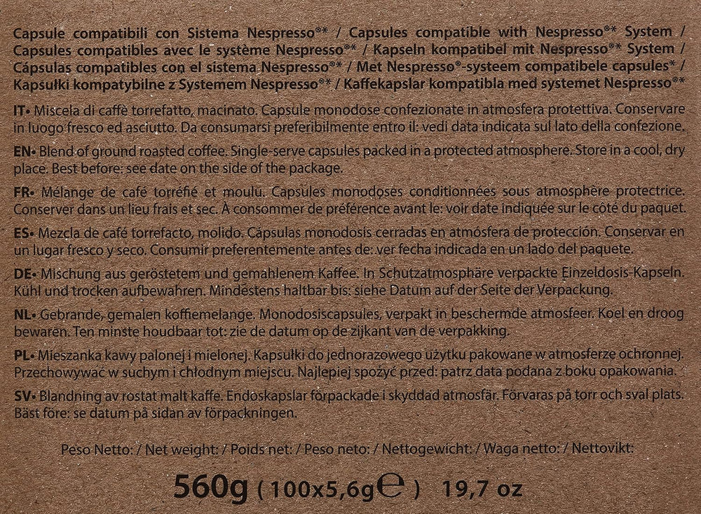 Capsules de café Decaffeinato compatibles Nespresso 5,6g x 100 capsules