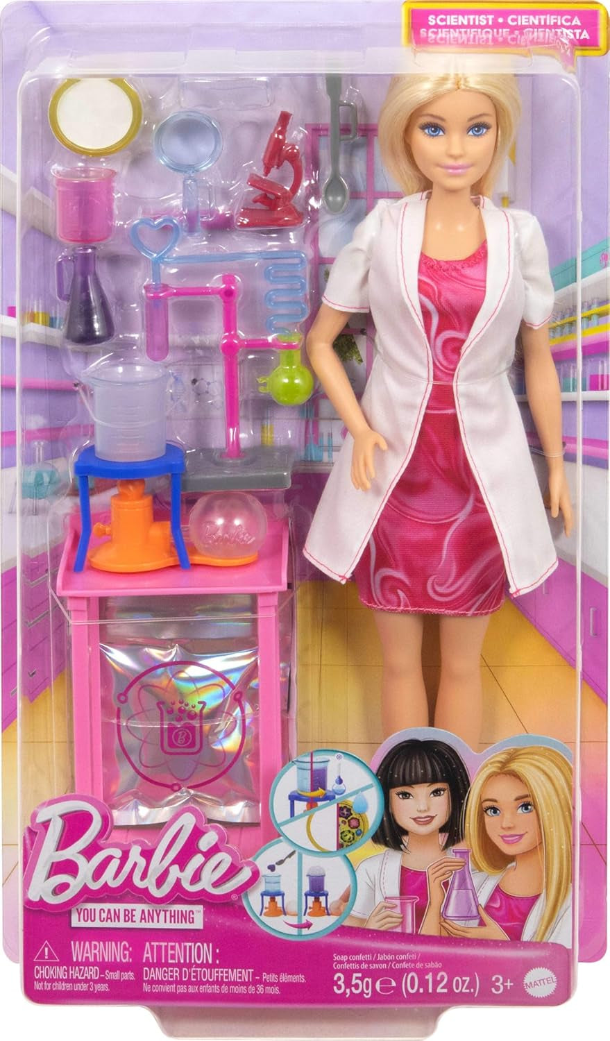 Poupée scientifique Barbie et accessoires avec poupée blonde tendance, table de laboratoire, microscope, bécher à changement de couleur et boîte de Pétri, JCR70