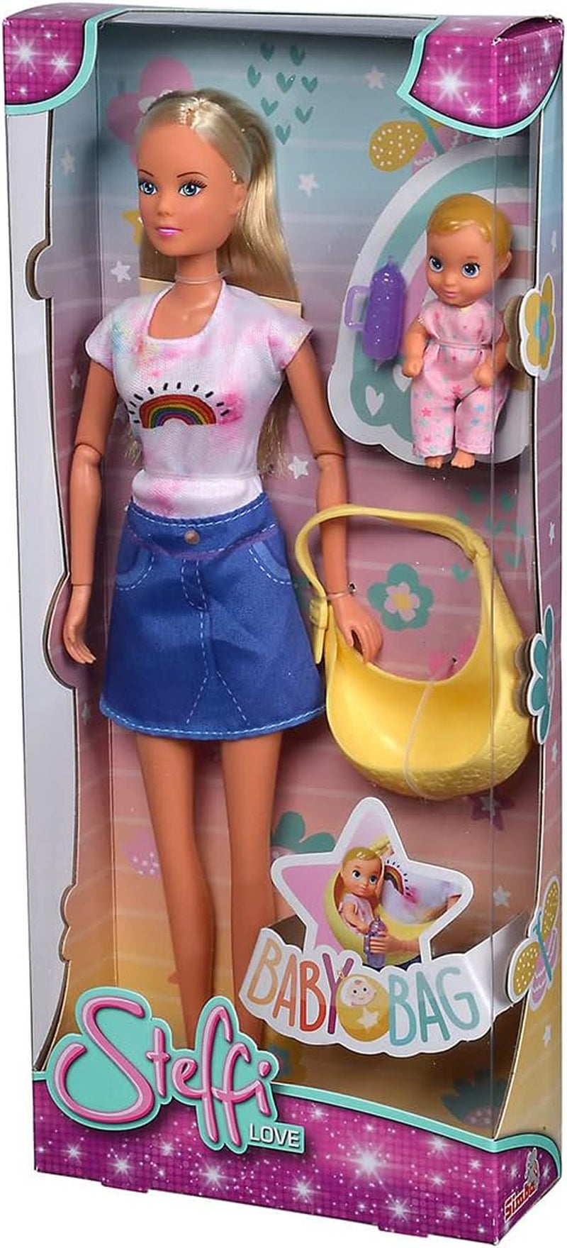 Simba 105733538 - Steffi Love Babybag, poupée de cheville avec bébé, porte-bagages et bouteille de boisson, poupée 29 cm, à partir de 3 ans