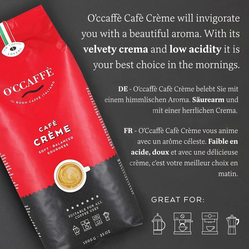 O'CCAFFÈ - Café Crème, boabe de cafea întregi, crema de cafea aromată, cu aciditate scăzută, prăjire foarte lentă în tambur de la o afacere de familie italiană Cafea Naty Shop