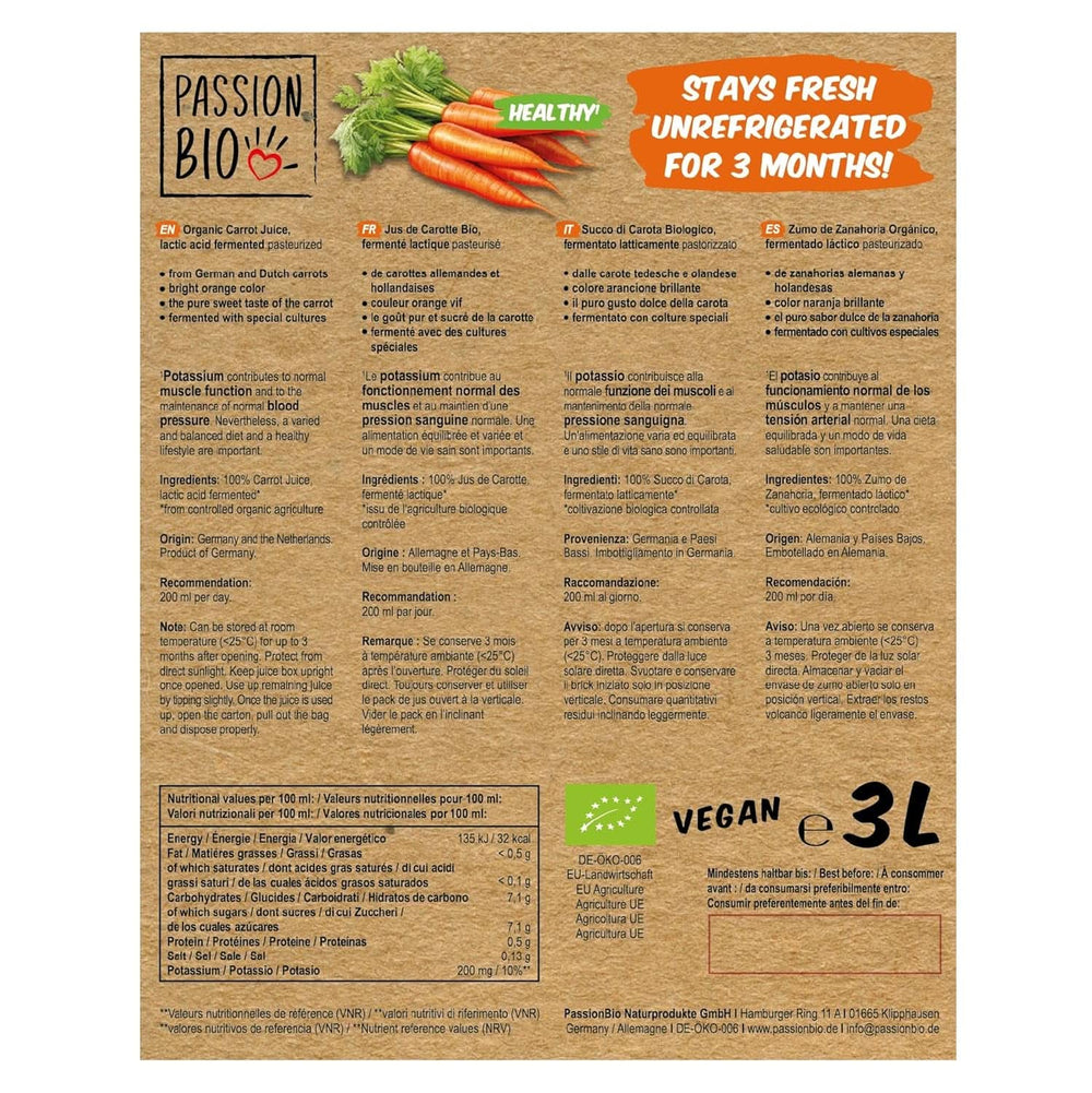 Jus de carotte bio - A base de carottes allemandes et hollandaises, 3 litres Boissons non alcoolisées Naty Shop