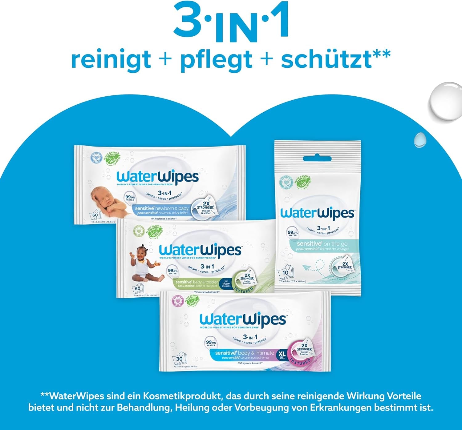 Lingettes humides WaterWipes Sensitive+ pour nouveau-nés et bébés, 720 unités (paquet de 12), nettoyage 3 en 1, entretien, protection, 99,9 % d'eau, sans parfum