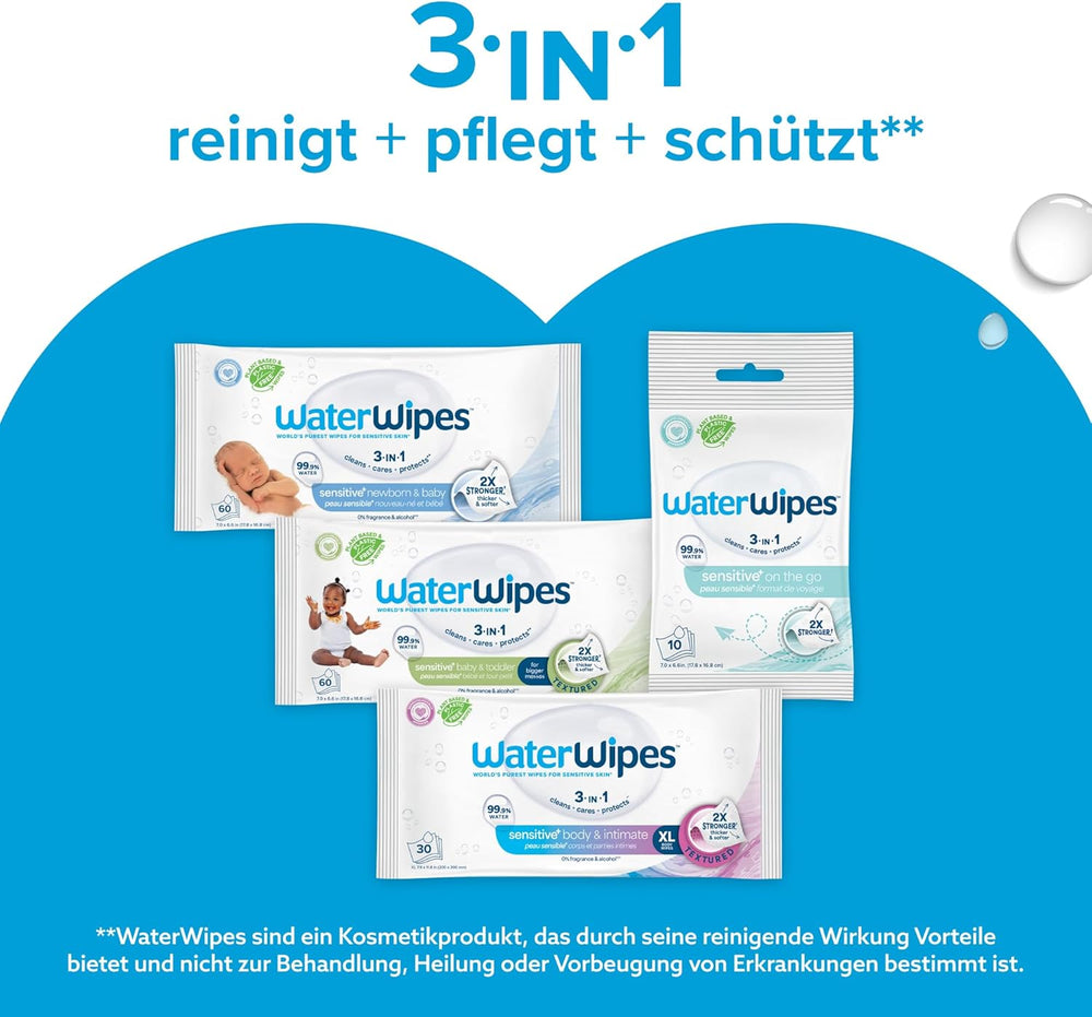 Lingettes humides WaterWipes Sensitive+ pour nouveau-nés et bébés, 720 unités (paquet de 12), nettoyage 3 en 1, entretien, protection, 99,9 % d'eau, sans parfum