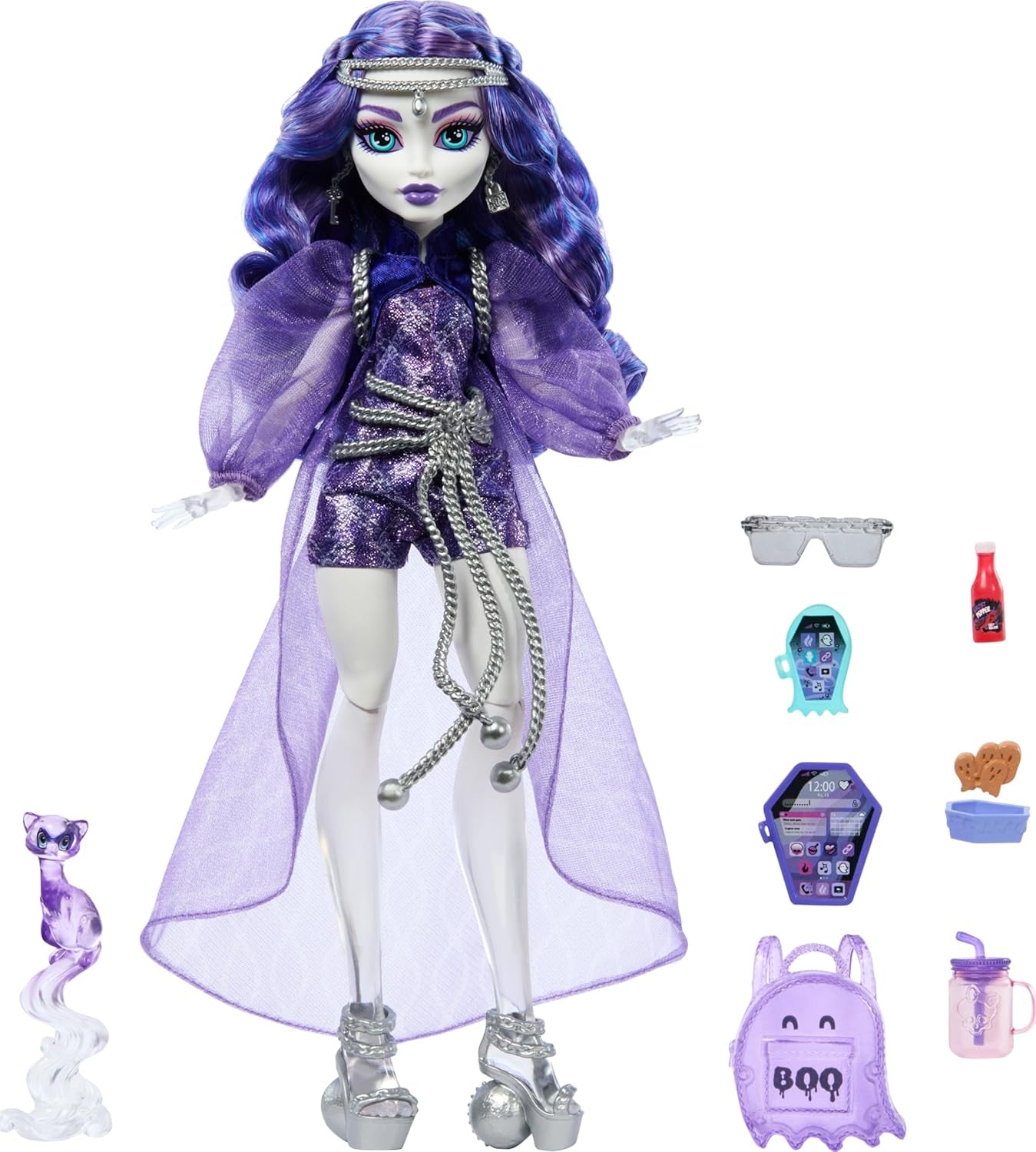 Poupée Monster High Spectra Vondergeist avec furet Rhuen et accessoires tels que sac à dos, tablette, collations et plus encore, HXH77 Naty Shop Dolls Titre par défaut