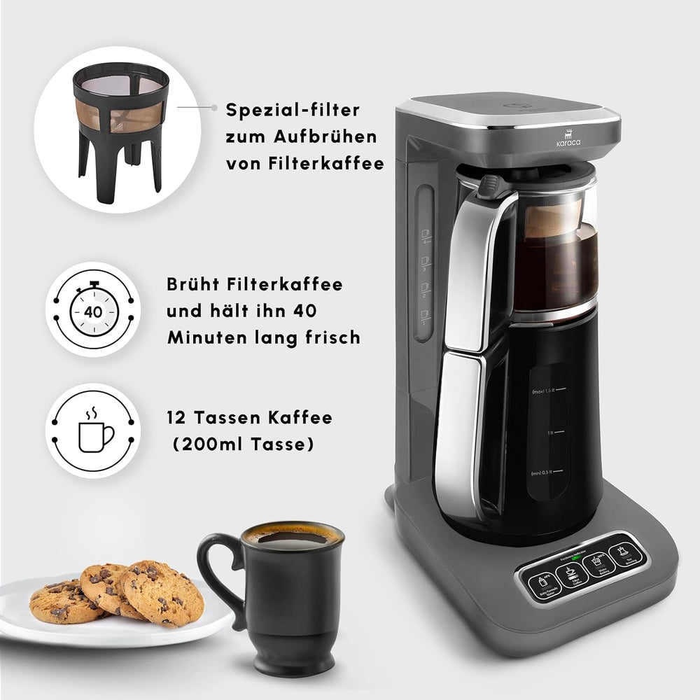 Karaca Caysever Robotea Pro Machine à thé automatique parlante 4 en 1 avec filtre chauffe-bouillie et bouilloire théière turque 2500 W gris sidéral