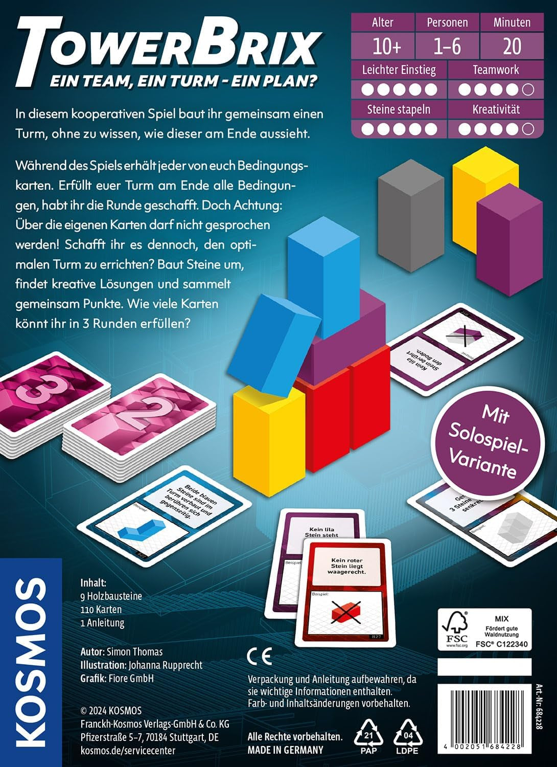KOSMOS 684228 TowerBrix : Une équipe, UNE tour - UN plan ? Jeu d'adresse coopératif, construire ensemble sans plan, jeu de société pour 1 à 6 joueurs à partir de 10 ans