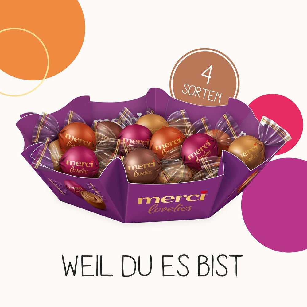 merci lovelies Crémeux – 1 x 185g – Coffret de pralines avec 4 spécialités chocolatées fourrées – Boules de chocolat à partager et à offrir