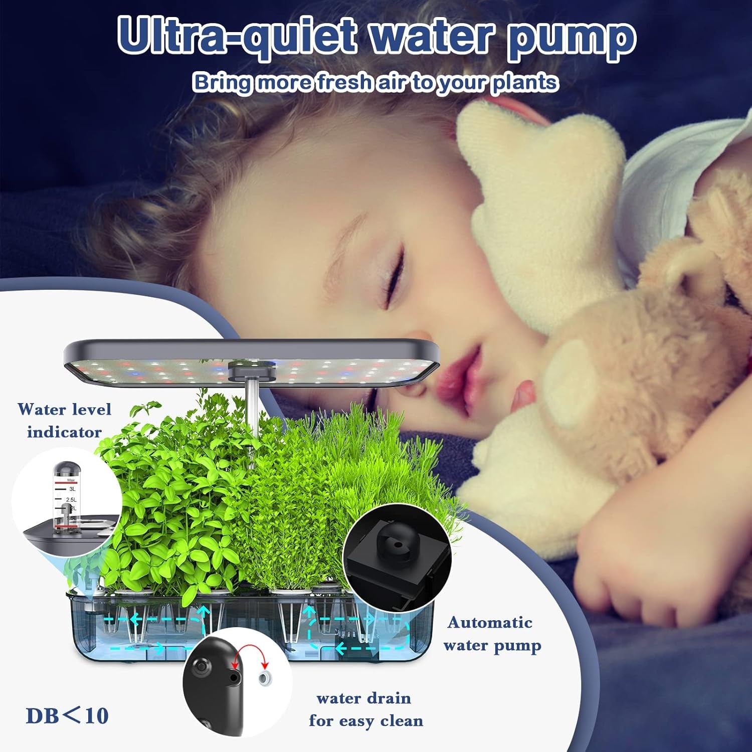 Système de culture hydroponique à 12 ustensiles, ensemble de jardin d'herbes aromatiques d'intérieur avec lumière LED, jardin intelligent, cuisine, kit de germination avec minuterie automatique (gris)