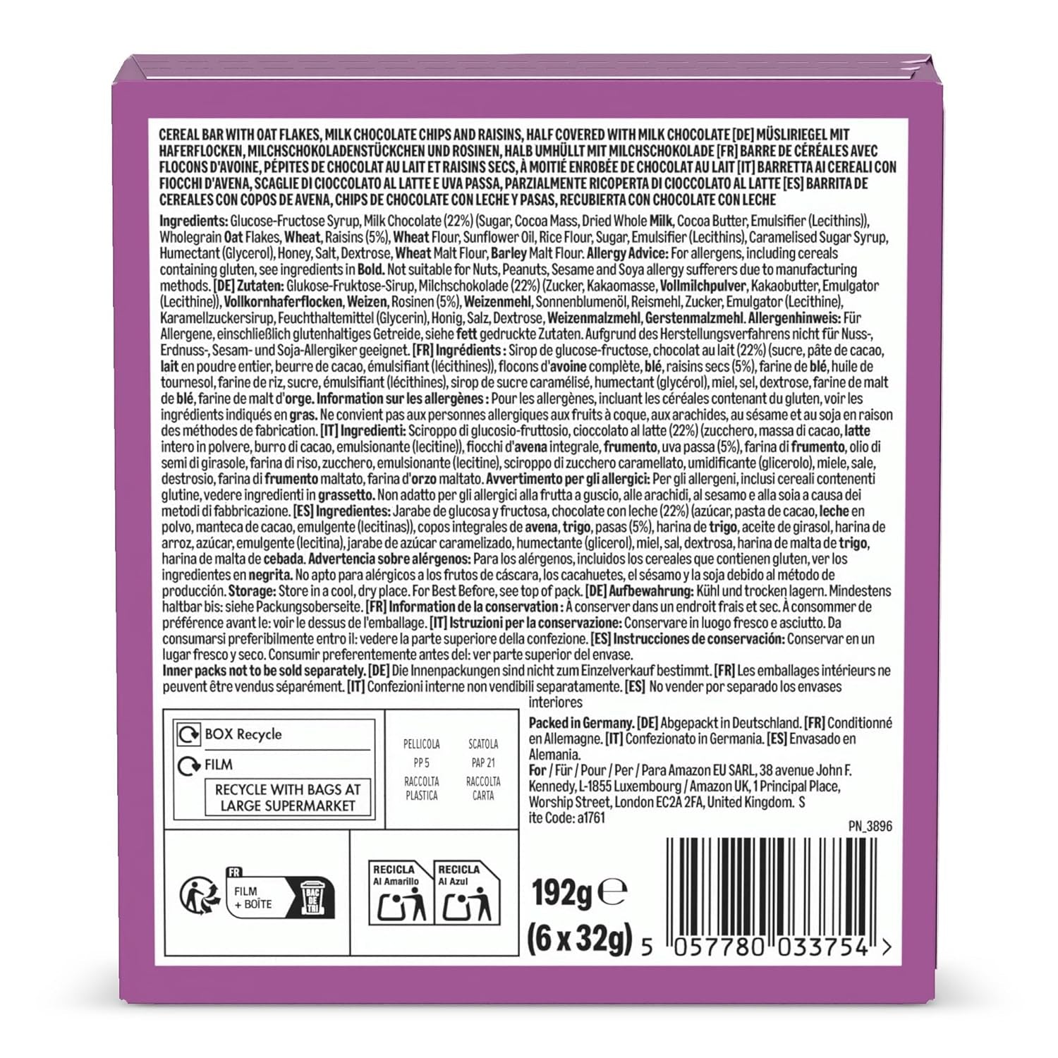 Barre de muesli au chocolat et raisins secs d'Amazon, 192g