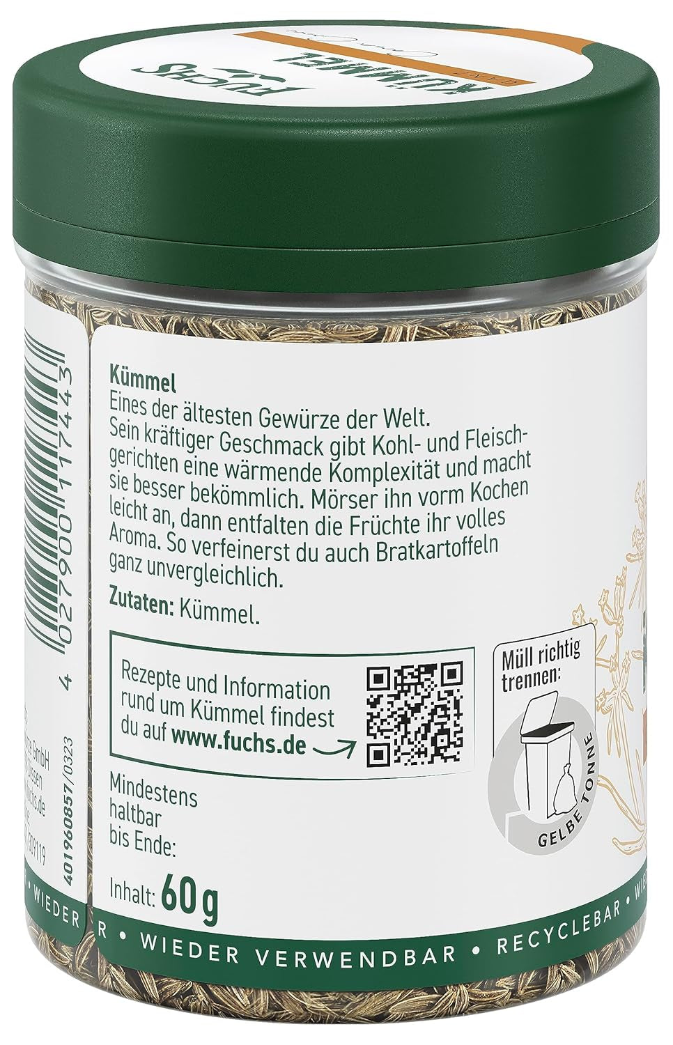 Fuchs Gewürze - Kümmel ganz - kräftiges Gewürz für Kohl- und Fleischgerichte oder zu Bratkartoffeln - Ingrédient naturel - 60 g en dose variable, recyclable