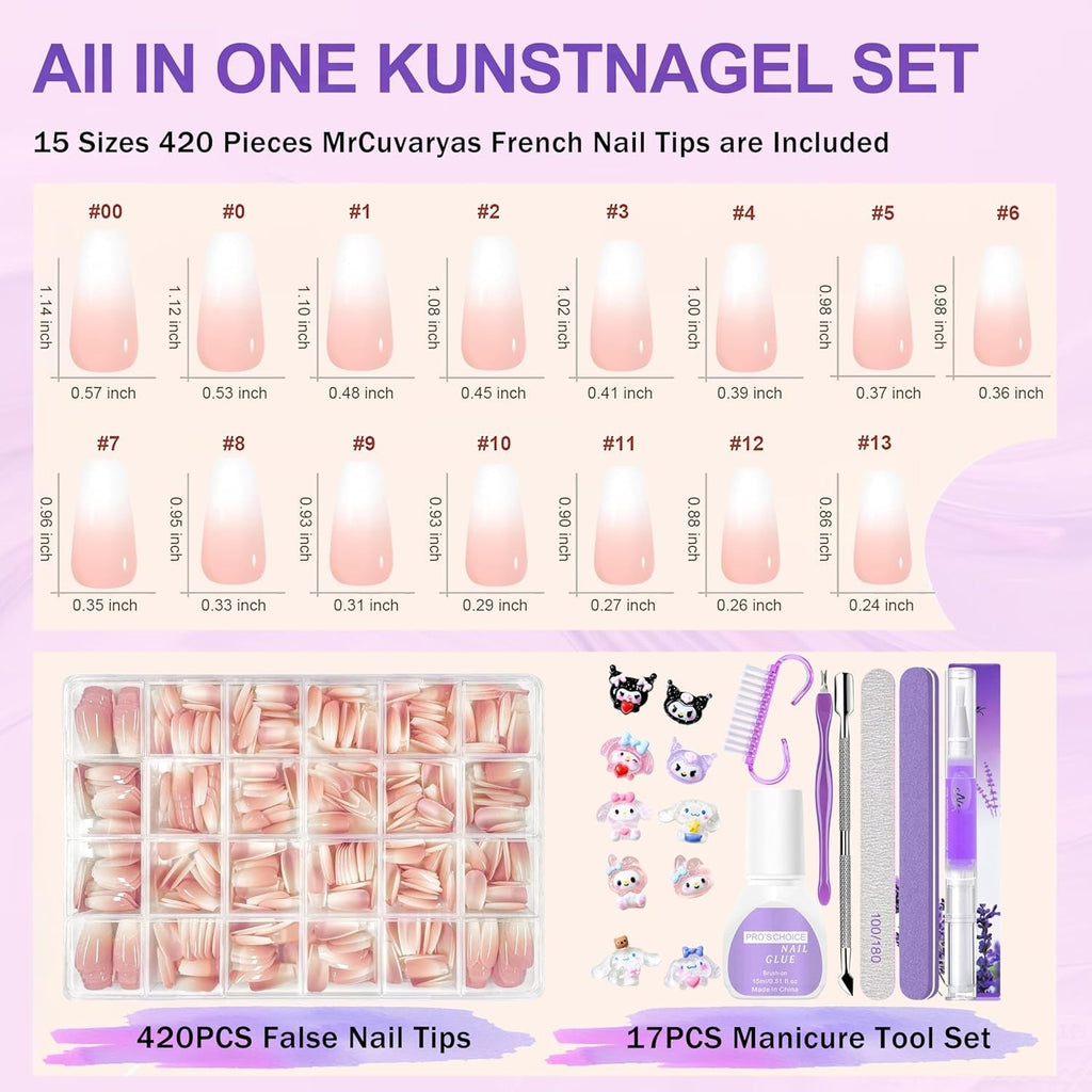 Set 420 de unghii false - Unghii tip balerina cu gel moale, acoperire completă, unghii artificiale cu gradient alb nud pentru lipire, unghii false pentru arta unghiilor (Ballerina White Nude)