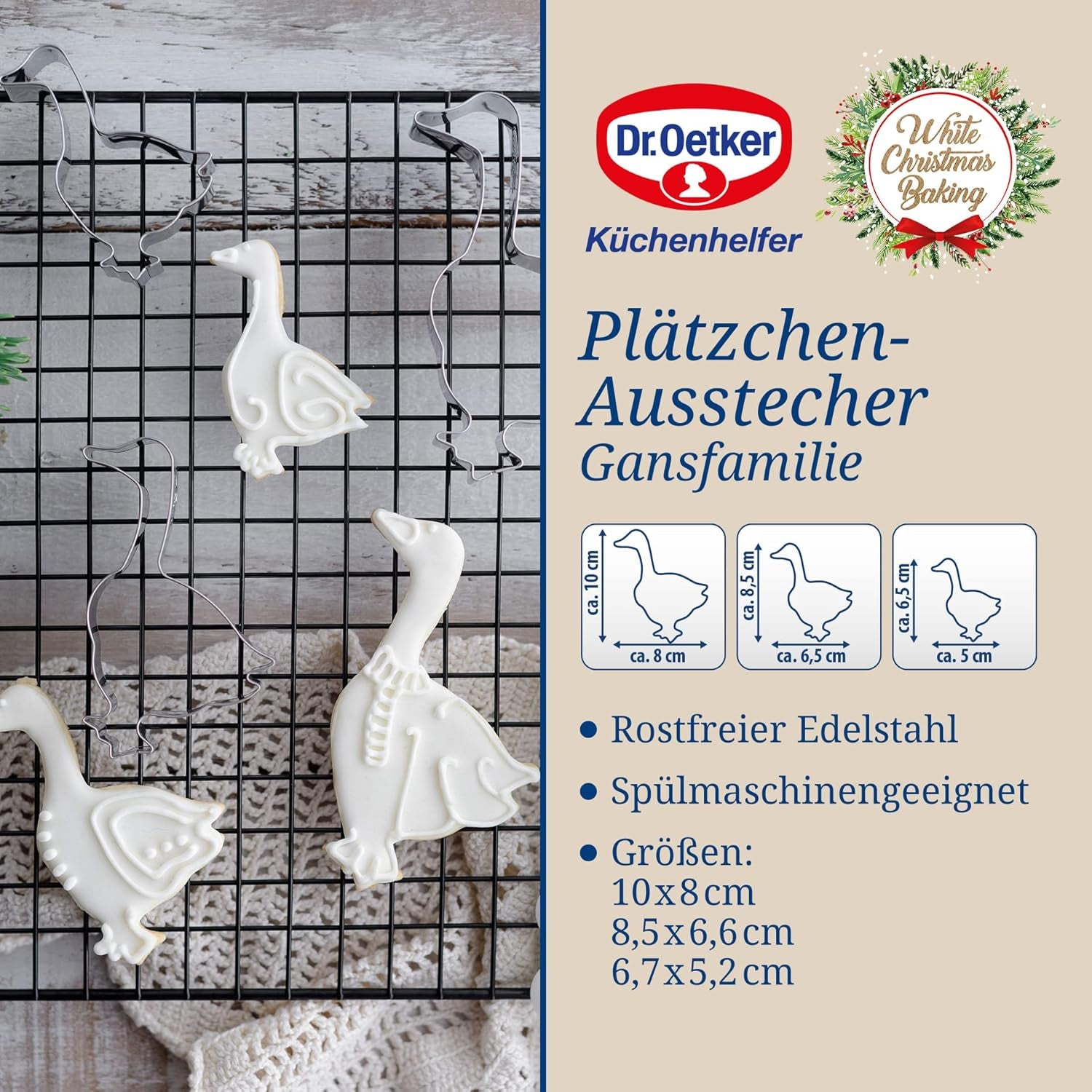 Dr. Oetker Lot de 3 emporte-pièces en forme d'oie - Emporte-pièces de Noël blancs - Emporte-pièces de Noël en acier inoxydable