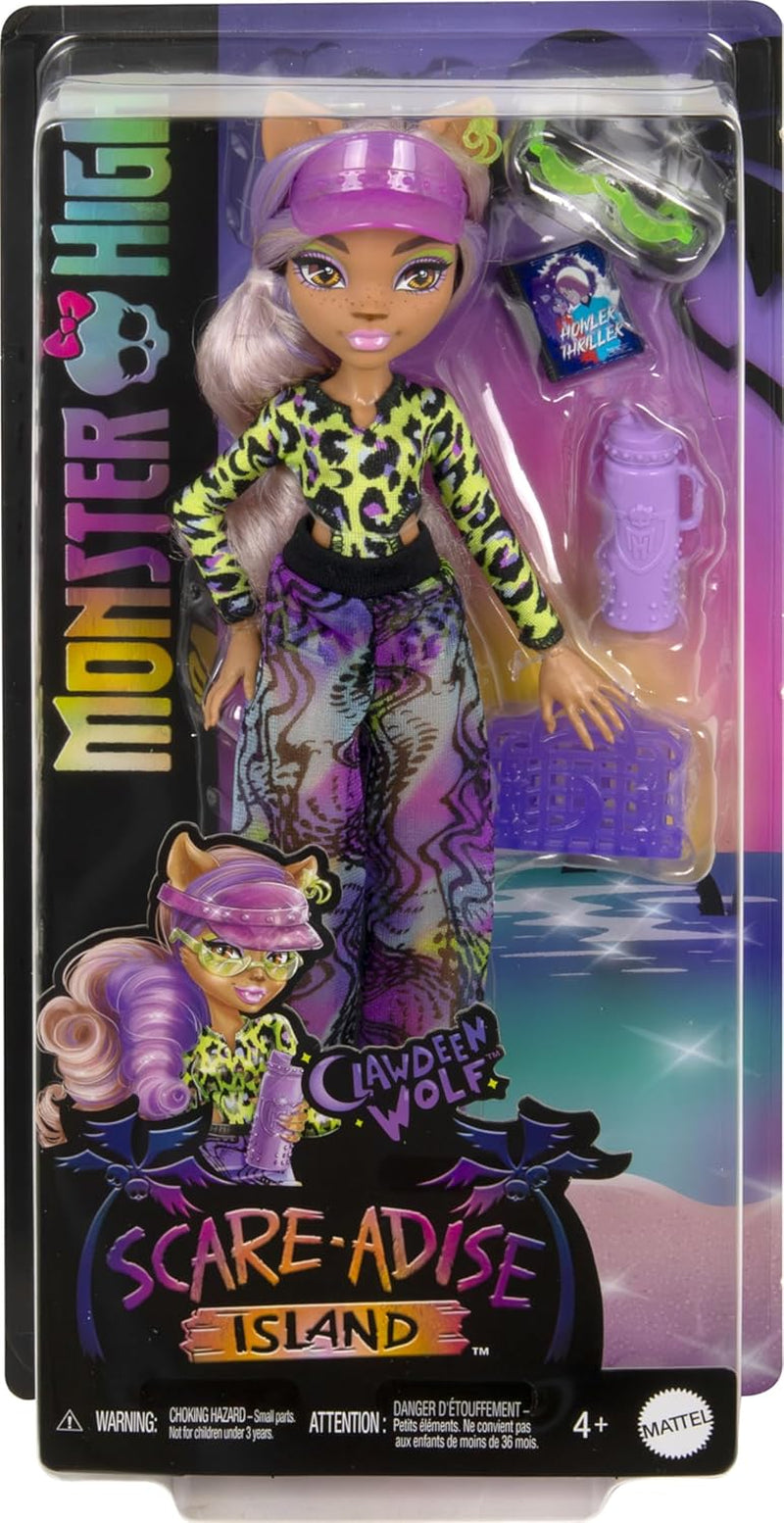 Poupée Monster High Scare Adise Island Clawdeen Wolf avec maillot de bain, bas de jogging et accessoires de plage tels que visière, bouteille d'eau et livre