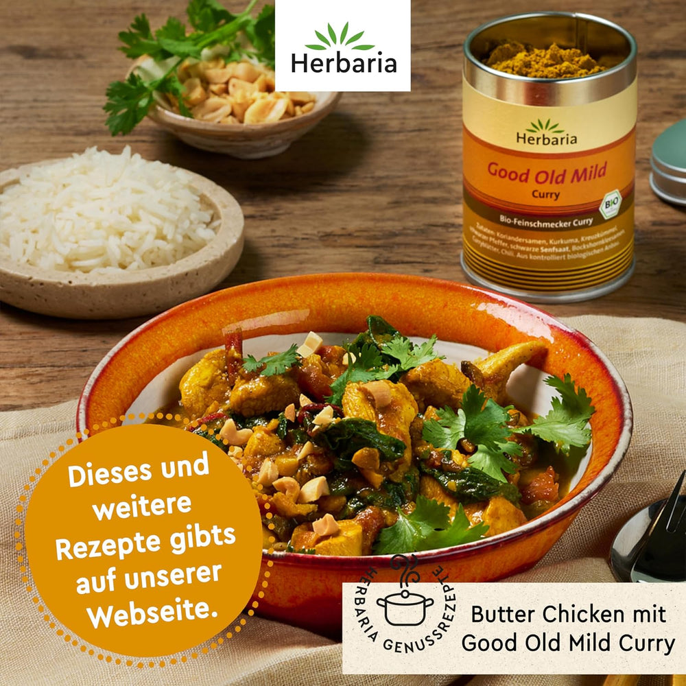 Herbaria Good Old Mild Curry bio 80g M-Dose – Currypulver, Currymischung - Bio-Gewürzmischung für klassische Curry-Spezialitäten z.B. Currywurst - erlesenen Ingrédient dans nachhaltiger Aromaschutz-Dose